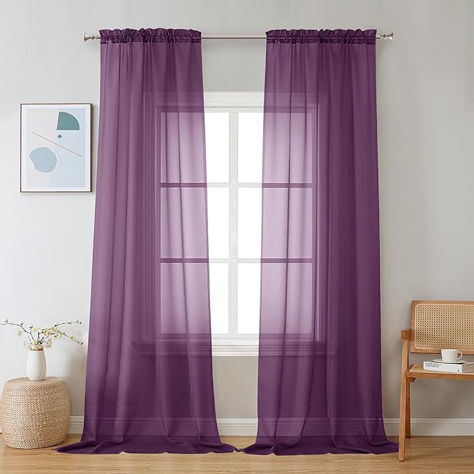 Chyhomenyc Plum Sheer Curtains 96 inches Long 2 Panels, Light Filtering Soft Airy Solid Elegant Voile Window Treatment Drapes for Bedroom Living Room Wedding Party Decor, 42 Wx96 L, 8FT L