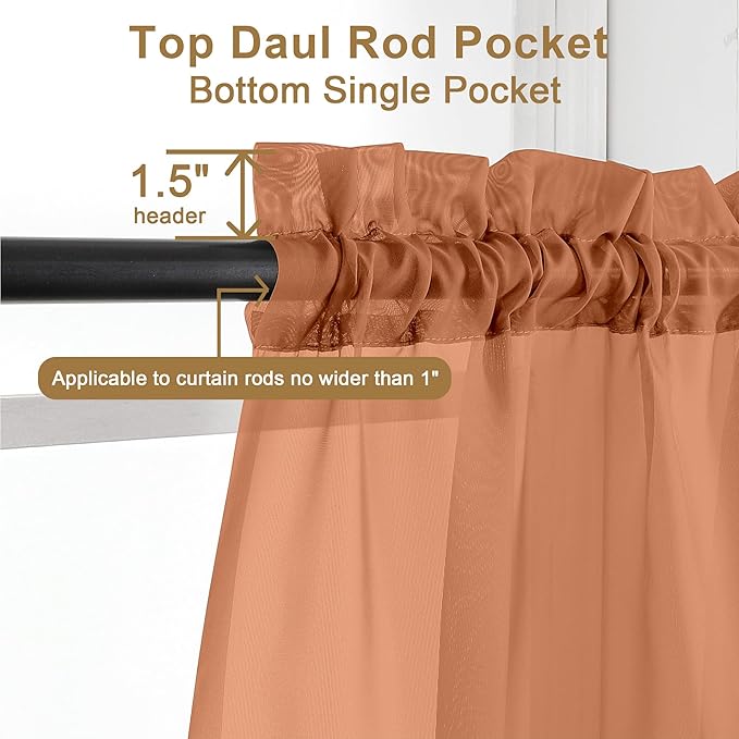 Chyhomenyc Orange Sheer Curtains 63 Inch Length 2 Panels, Light Filtering Airy Rod Pocket Window Curtain Treatment Drapes for Bedroom Living, Each 42Wx63L Inches