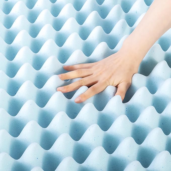 Best Price Mattress 4 Inch Egg Crate Memory Foam Mattress Topper with Cooling Gel Infusion, CertiPUR-US Certified, Dorm Essentials, Queen, Light Blue