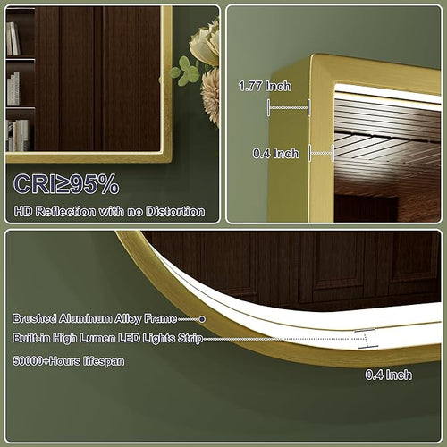 22x36 Inch Gold LED Mirror for Bathroom with Lights, Adjustable 3000K/4500K/6000K, Irregular Frame Lighted Bathroom Vanity Mirror, Stepless Dimmable, Anti-Fog, Wall Mounted