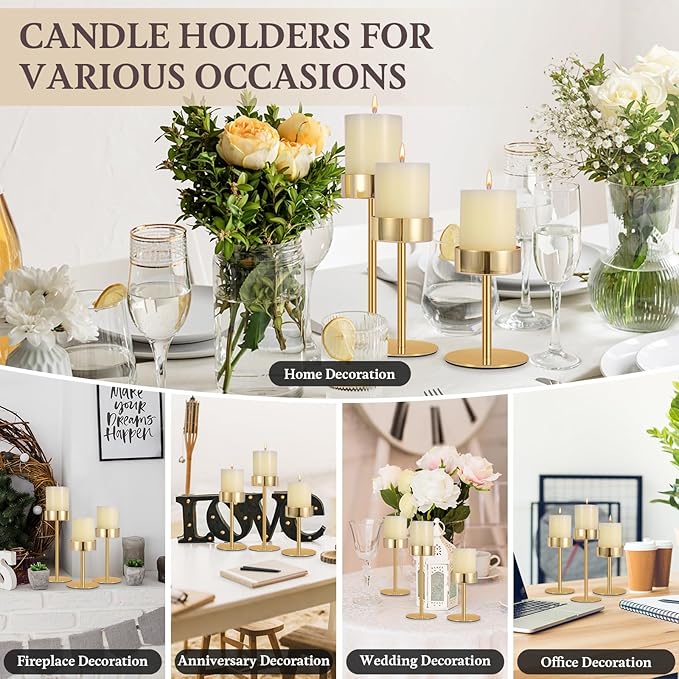 Pillar Candle Holders Set of 3, 3.15" Diameter Gold Metal Candlestick Holder for Pillar & Flameless Candles. Ideal Decoration for Table,Fireplace,Living,Dining Room,Perfect for Wedding,House Gift.