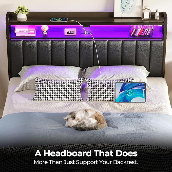 Rolanstar Headboard for Full Size Bed with Storage, 60,000 DIY Color of LED Light, Head Board with USB & Type C Port, Height Adjustable, Black Upholstered Cabeceras de Cama Comfortable Modern, Leather