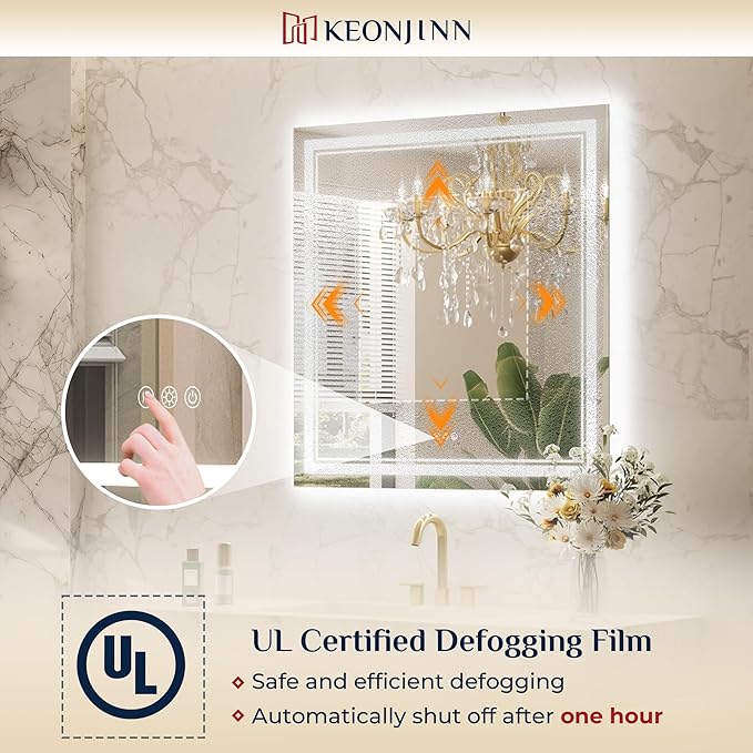 Keonjinn LED Mirror for Bathroom 22" x 30" with Frontlit and Backlit, Stepless 3 Colors Temperature & Dimmable Lighted Wall Mirror, Double LED Strips & UL Listed Driver, Anti Fog Mirrors with Light