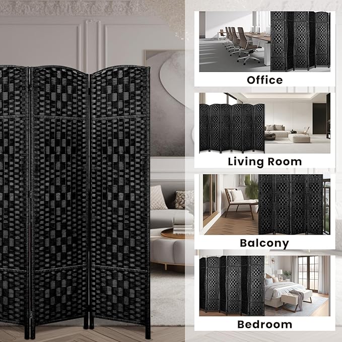 Rose Home Fashion Room Divider, 6 ft Tall Room Dividers and Folding Privacy Screens, 16in Privacy Screen 6 Panel Black Space Temporary Wall Foldable Partition Separation
