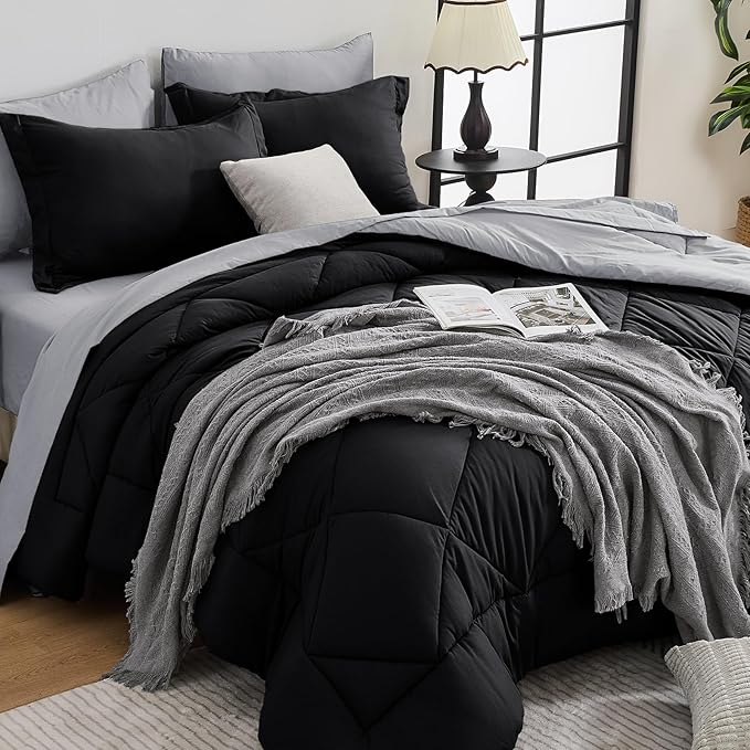 HEVUMYI Cali-King Comforter Set - 7-Piece All Season Bed in a Bag Cali-King, Ultra Soft Bedding Set with Comforter, Flat Sheet, Fitted Sheet, Pillowcases, Pillow Shams, Black & Light Grey