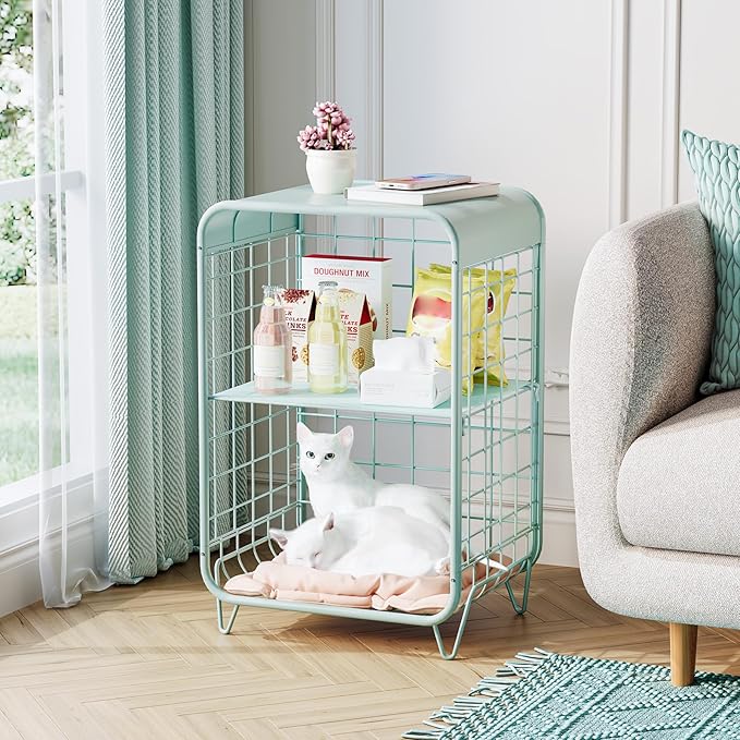 APEXCHASER Cute Nightstand,Metal Side Table,3 Tier End Table with Storage,Vintage Bedside Table,Girls Bedroom Furniture,Coffee Table for Living Room,Bedroom,Dorm,Mint Green