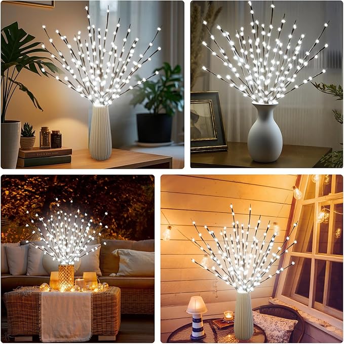 DK177 6 Pack Led Branch Light Battery Operated Lighted Branch Vase Filler Willow Tree Artificial Little Twig Power Brown 30 Inch 20 LED for Home Romantic Decoration, White