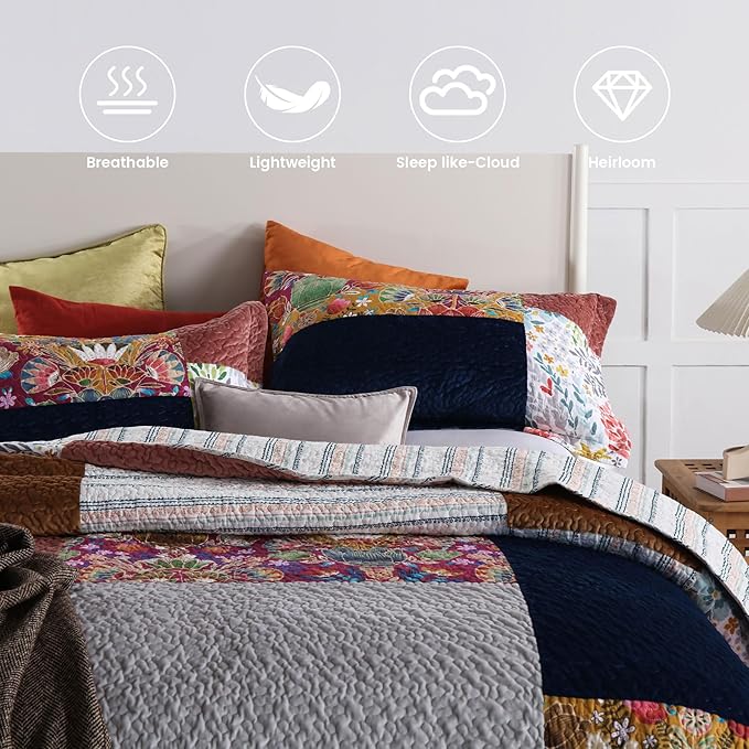 Secgo King Size Comforter Set- 100% Cotton Quilt King Size Set, Green, Sage bedspreads (96 * 108 Inch) with 2 Pillow Shams, Patchwork Reversible Lightweight Bedding