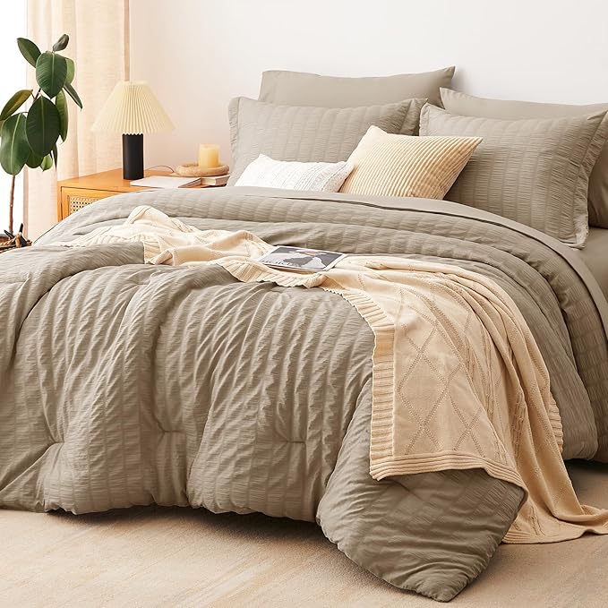 CozyLux King Size Comforter Set Taupe Seersucker 7 Pieces Bed in a Bag King Comforter Set with Sheets, Luxury Soft Bedding Set with Down Alternative Comforter, Sheets, Pillowcases & Shams All Seasons