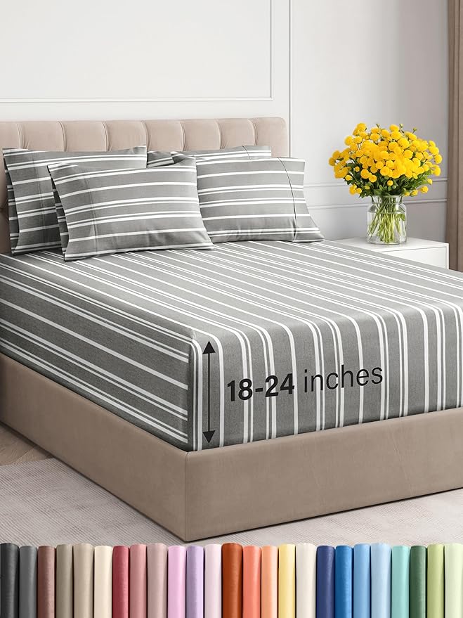 Extra Deep Cal King Sheet Set - 6 Piece Breathable & Cooling Sheets - Hotel Luxury Bed Sheets Set - Easy Fit - Soft, Wrinkle Free & Comfy Sheets Set - Grey Striped Sheet Set with Extra Deep Pockets
