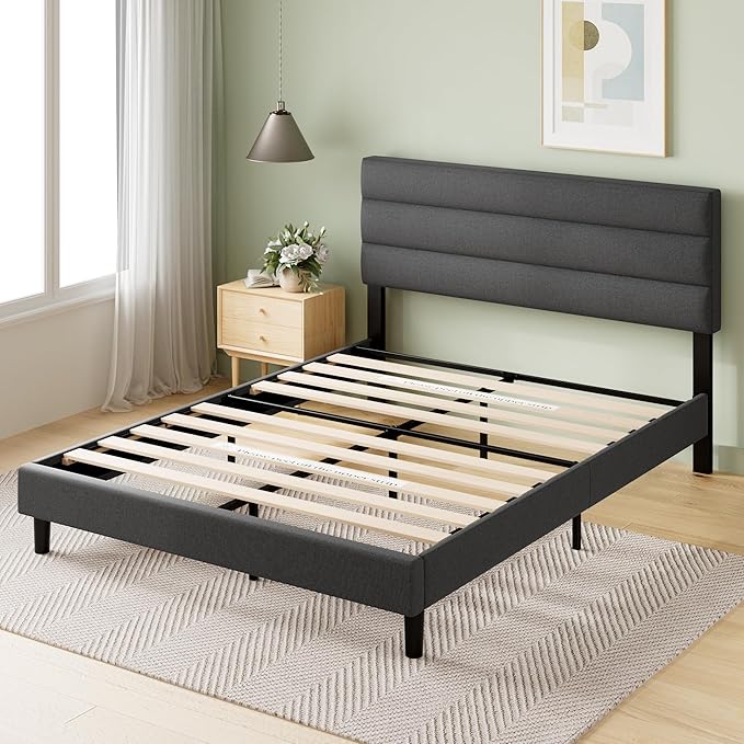 ZINUS Queen Piper Upholstered Platform Bed with Horizontal Paneled Headboard, Wooden Slat Support, No Box Spring Needed, Easy Assembly, Eco Friendly Packaging, Dark Grey
