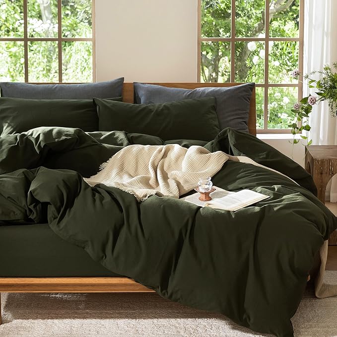 MooMee Bedding Duvet Cover Set 100% Washed Cotton Linen Like Textured Breathable Durable Soft Comfy (Solid Olive Green, Alaska King 132"x120")