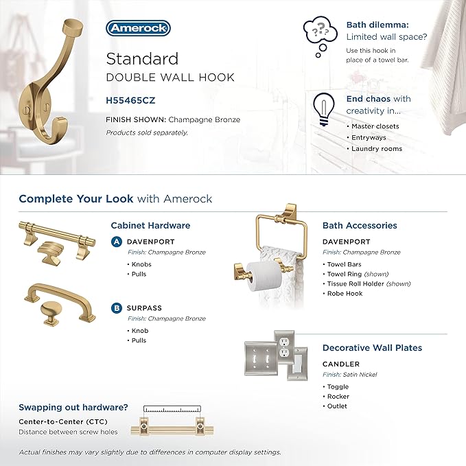 Amerock H55465CZ | Adare Double Prong Decorative Wall Hook | Champagne Bronze Hook for Coats, Hats, Backpacks, Bags | Hooks for Bathroom, Bedroom, Closet, Entryway, Laundry Room, Office
