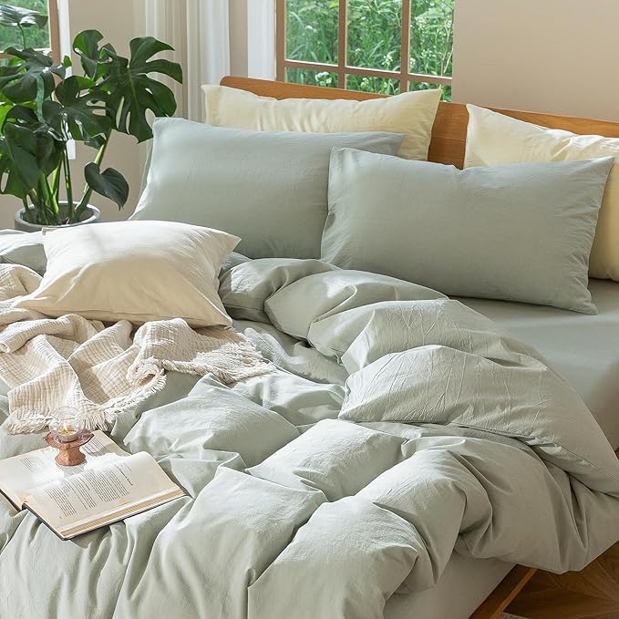 MooMee Bedding Duvet Cover Set 100% Washed Cotton Linen Like Textured Breathable Durable Soft Comfy (Heathered Sage Green, Queen 90"x90")