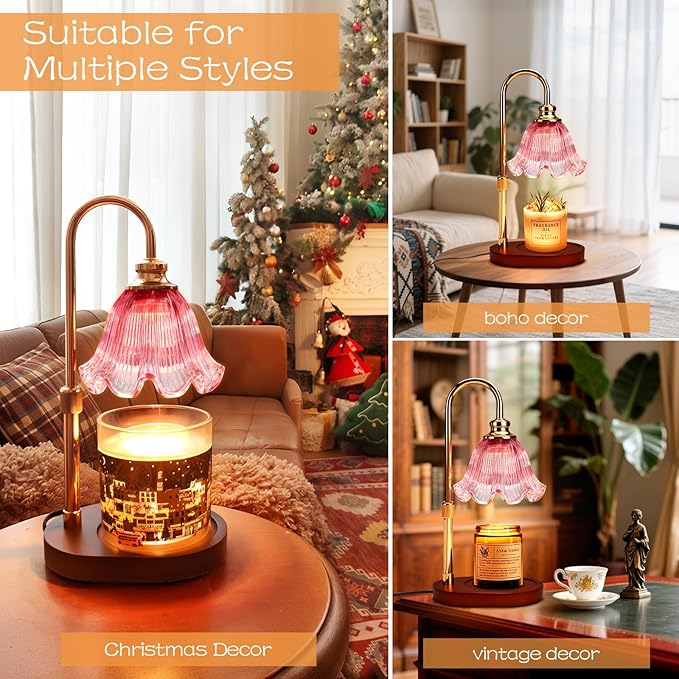 Electric Candle Warmer Lamp with Timer: Adjustable Height & Brightness, Wax Warmer for House Warming Gifts, New Home Room Decor,Birthday Gifts for Mom & Women (Pink)