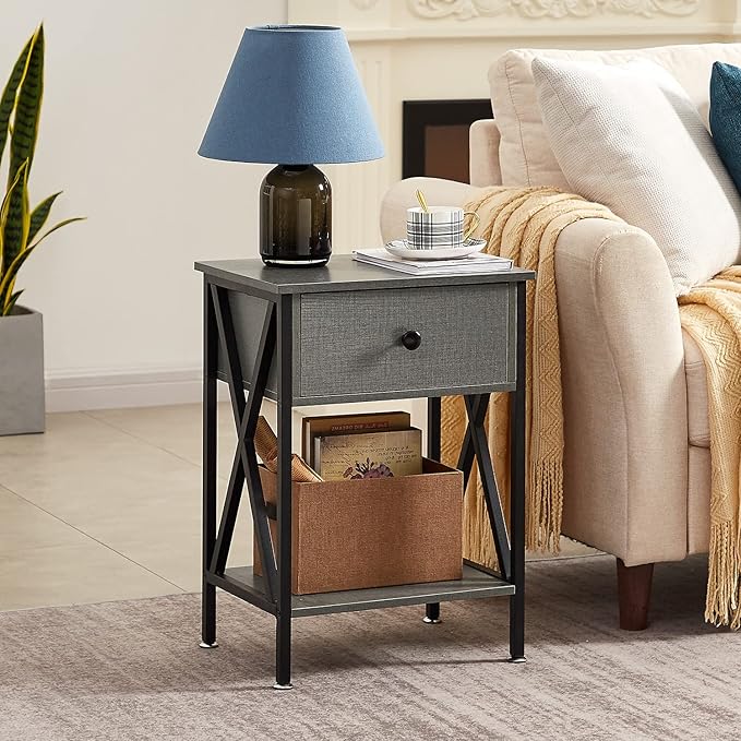 VECELO Nightstands Set of 2, Modern Bedside End Tables, Night Stands with Drawer and Storage Shelf for Living Room Bedroom, Industrial Metal Frame