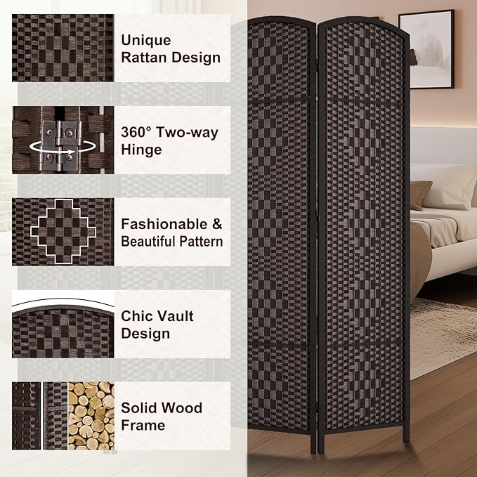 Rose Home Fashion 6 ft Tall Room Divider, Room Dividers and Folding Privacy Screens, 15.7in Privacy Screen 6 Panel Partition Temporary Wall Separation for Private, Dark Coffee