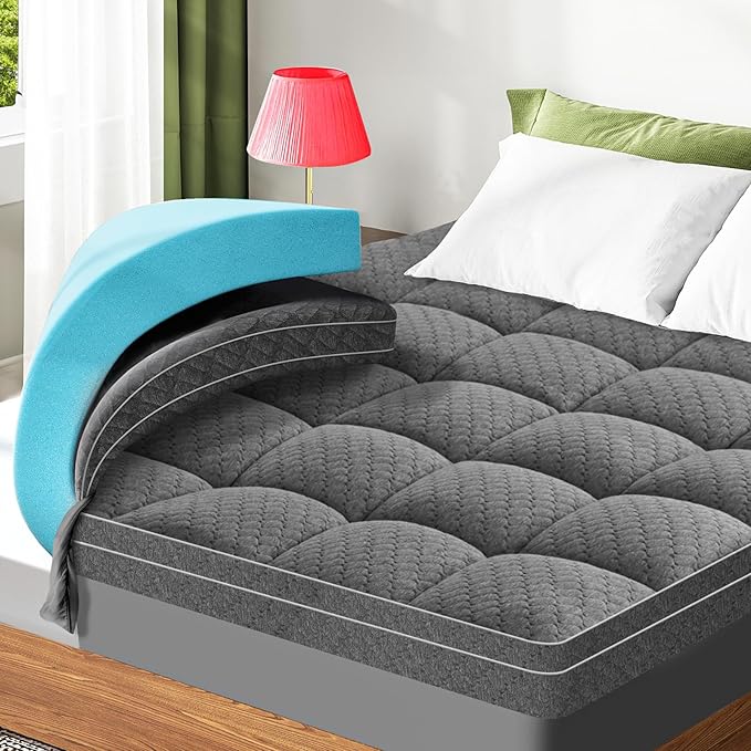 Dual Layer 3 Inch Memory Foam Mattress Topper Twin Size, 2 Inch Cooling Gel Memory Foam Plus 1 Inch Pillow Top Mattress Pad Cover, with 8-21 Inch Deep Pocket Grey