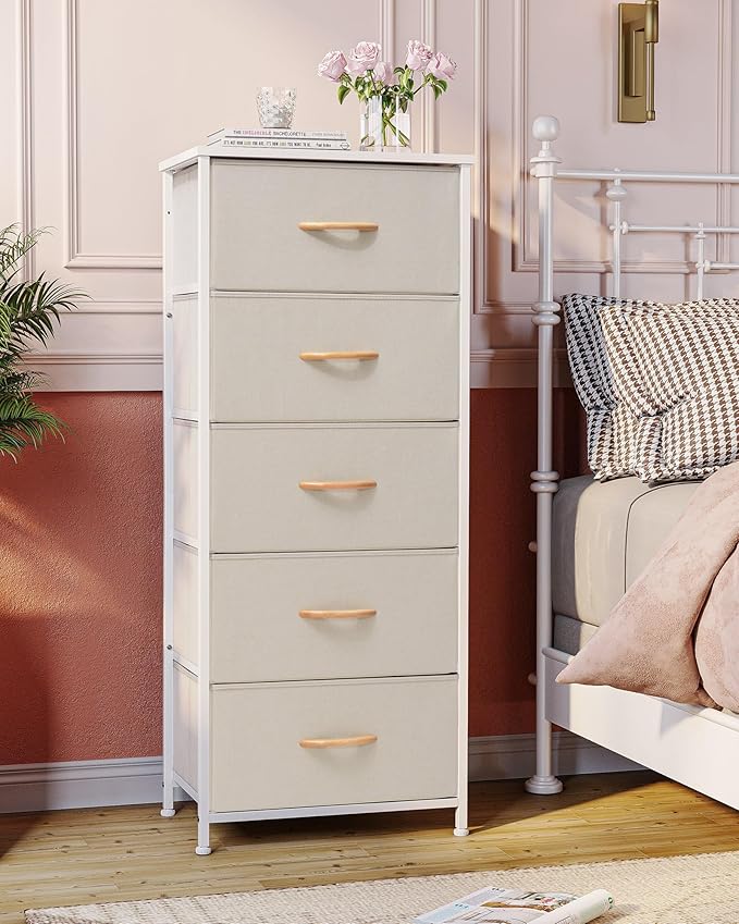 Crestlive Products Vertical Dresser Storage Tower - Sturdy Steel Frame, Wood Top, Easy Pull Fabric Bins - Organizer Unit for Bedroom, Hallway, Entryway, Closets - 5 Drawers(Beige)