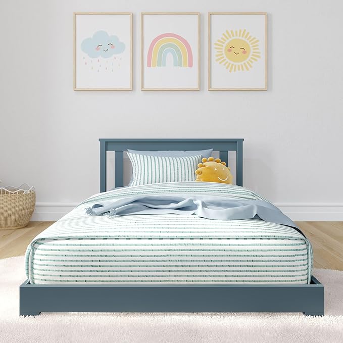 Max & Lily Classic Twin Floor Bed, 79.75 Inches, Solid Wood Low Bed Frame for Kids, Modern Floor Bed for Bedroom, Blue