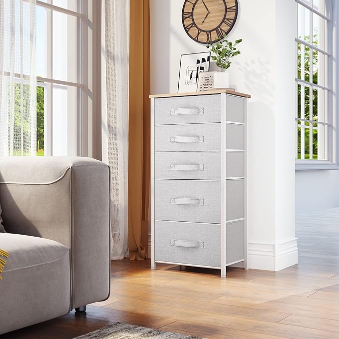 YITAHOME Tall 5 Drawer Dresser - Fabric Storage Tower, Organizer Unit for Bedroom, Living Room, Hallway, Closets - Sturdy Steel Frame, Wooden Top & Easy Pull Fabric Bins - Light Grey