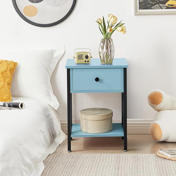 VECELO Nightstands Set of 2, Modern Bedside End Tables, Night Stands with Drawer and Storage Shelf for Living Room Bedroom, Industrial Metal Frame