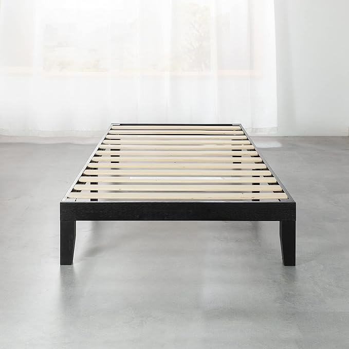 Mellow Naturalista Classic 12 Inch Solid Wood Platform Bed with Wooden Slats, Cal King, Black