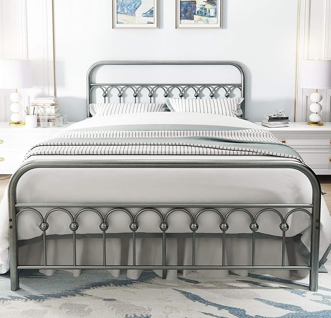 YALAXON Vintage Sturdy Queen Size Metal Bed Frame with Headboard and Footboard Basic Bed Frame No Box Spring Needed (Queen, Gray Silver)
