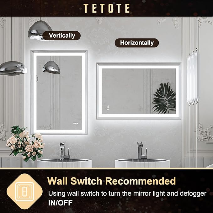 TETOTE LED Bathroom Mirror with Lights Brushed Nickel Metal Framed 40x24 Frontlit & Backlit Silver Vanity Mirror Baroque Antifog Stepless Dimmable White/Warm/Natural,Wall Mounted(Horizontal/Vertical)