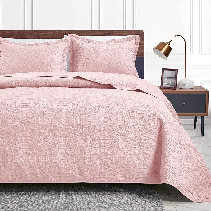 Love's cabin Quilts for Full Bed Pink Bedspreads Bedding Set - Lightweight Bedspread Comforter - Coin Pattern Bedding Coverlet for All Season - 3 Pieces (1 Quilt, 2 Pillow Shams)