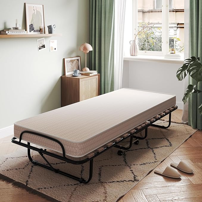 Giantex Folding Bed with Mattress, Rollaway Guest Bed w/ 4 Inch Memory Foam Mattress, Sturdy Metal Frame, Portable Bed Cot Size Easy to Store, Foldable Beds for Adults, Made in Italy