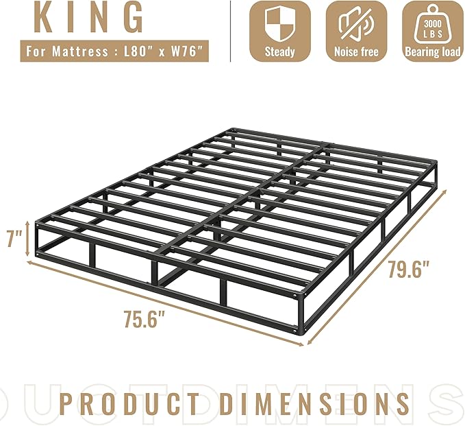 Box Spring King Size, 7 Inch Low Profile Metal Frame Mattress Foundation, 3000 lbs Heavy Duty Boxspring with Fabric Cover, Easy Assembly, Noise Free, Non-Slip