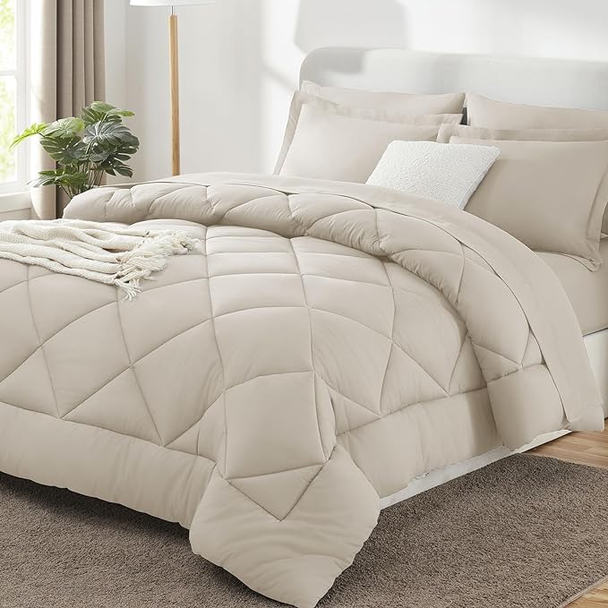 CozyLux Queen Comforter Set Beige - Bed in a Bag Queen Size 7 Pieces, Luxury Soft Bed Set for All Seasons, Bedding Set with Down Alternative Comforter, Sheets, Pillowcases & Shams