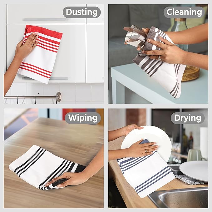 Urban Villa KitchenTowels 100% Cotton Pack of 6 Highly Absorbent Quick Drying Super Soft Premium Dish Towels for Kitchen with Hanging Loop Hand & Tea Towels - 20x30 Inch (Multi Color Striped)