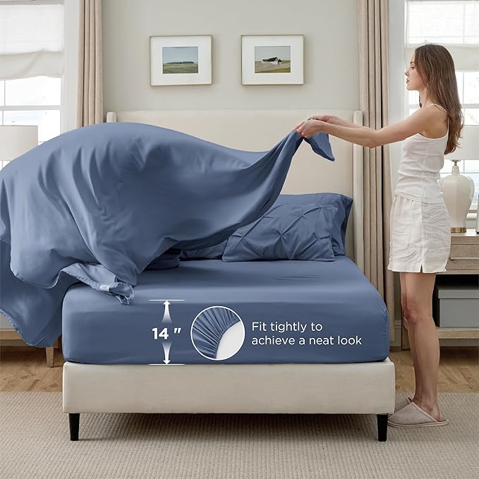 Bedsure King Size Comforter Set Slate Blue - Bed in a Bag Bedding Set 7 Pieces, GentleSoft™ Pintuck Bed Set Gift for Family, Pinch Pleat Slate Blue Comforter with Sheets, Pillowcases & Shams