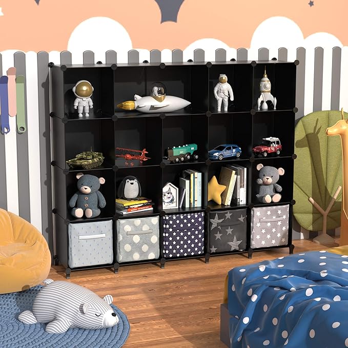HOMIDEC 20 Black Cube Storage Organizer, Modular Storage Shelf with Hammer, Cubes Storage Bin Cabinet Closet Bookshelf for Living Room, Bedroom, Office, Each Cube Size 11.8 x 11.8 inch