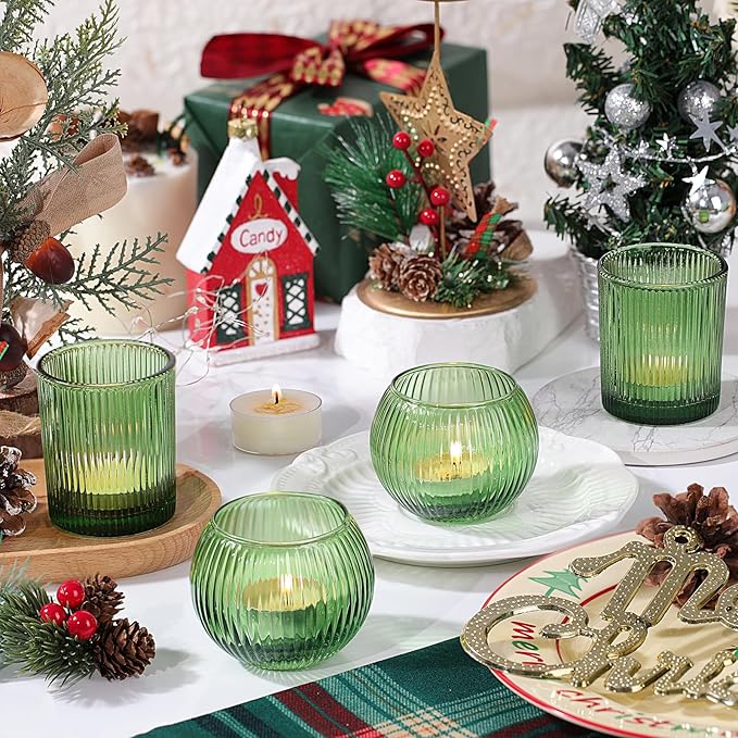 Green Votive Candle Holders Set of 10- Round Green Candle Holders Bulk, Glass Candle Holder for Wedding Home Decoration, Tea Lights Candle Holder for Bridal Shower, Party & Gift