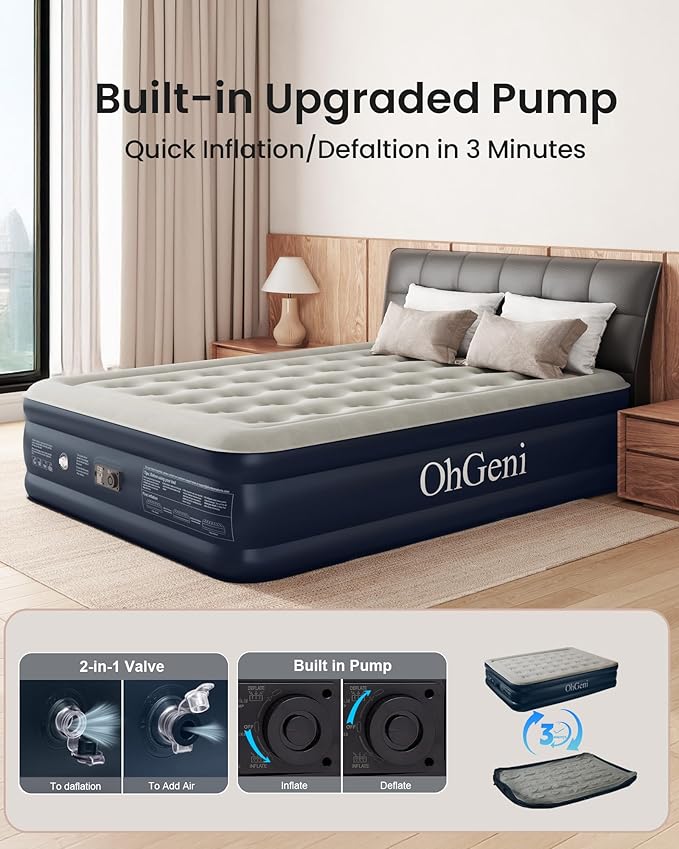 OhGeni Air Mattress Queen with Built in Pump, Blow Up Colchones Inflables Mattress for Guests, Portable Air Mattresses with Carrying Bag, 18" Raised Elevated Air Bed for Camping, Dark Blue