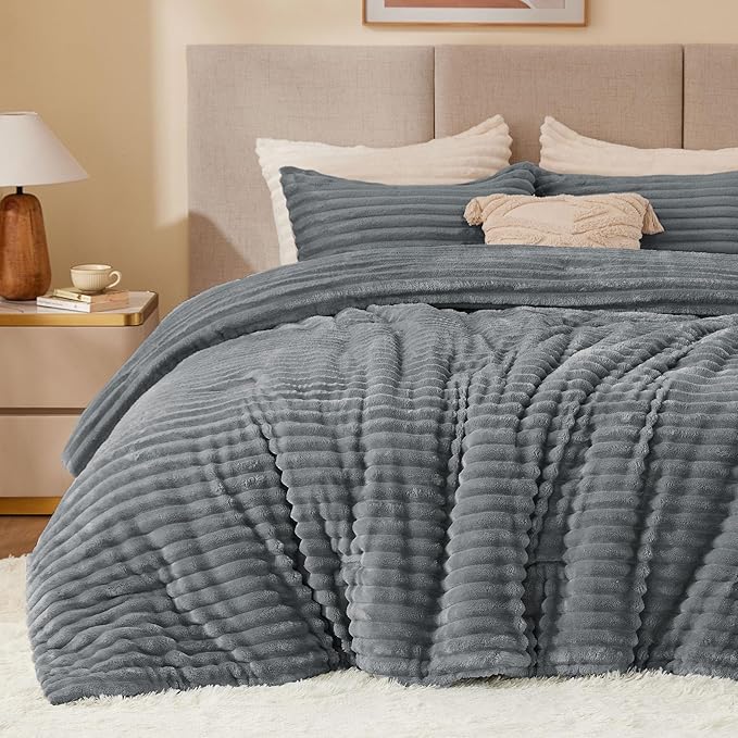 BEDELITE Fleece Twin Comforter Set -Super Soft & Warm Fluffy Grey Bedding, Luxury Fuzzy Heavy Bed Set for Winter with 1 Pillow case