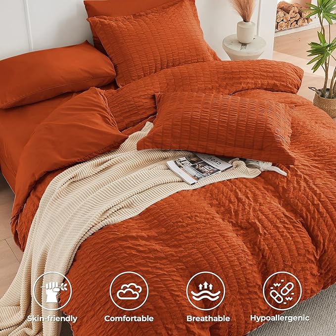 HYMOKEGE Burnt Orange Full Size Comforter Sets Seersucker 7 Pieces, All Season Luxury Bed in a Bag for Bedroom, Bedding Set with Comforters, Sheets, Pillowcases & Shams
