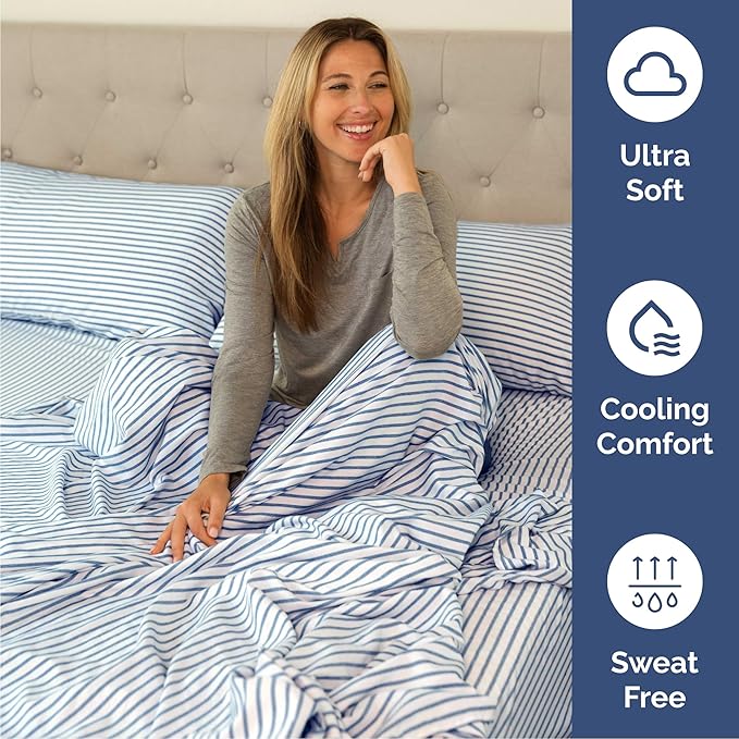 Cal King 6 Piece Sheet Set - Comfy Breathable & Cooling - Soft Hotel Luxury Bedding Set w/ 8-16 Inch Deep Pockets - 1 Flat & 1 Fitted Sheet & 4 Pillowcases - Wrinkle Free & Easy Care - Blue Stripes 2