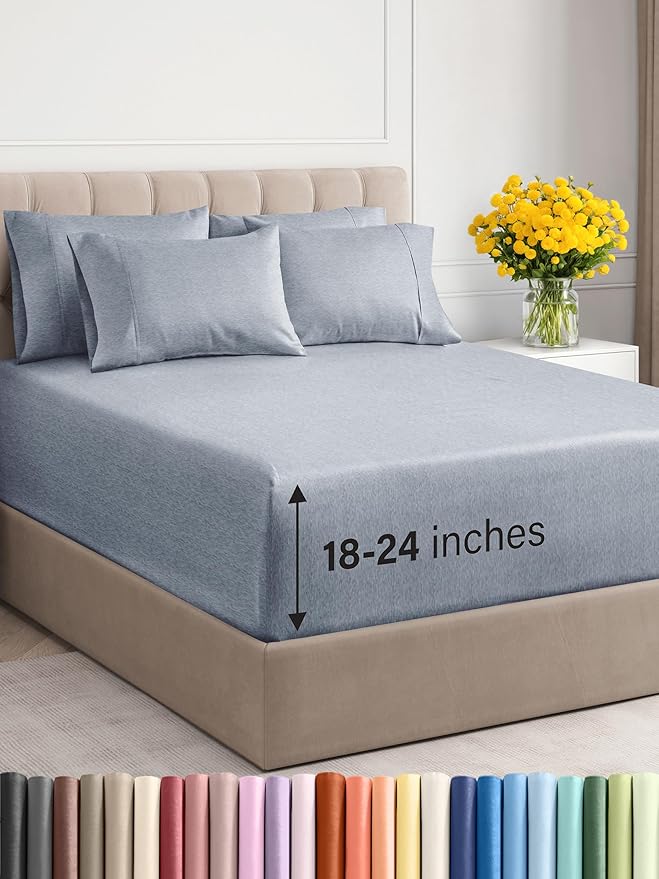 Extra Deep Queen Sheet Set - 6 Piece Breathable and Cooling Sheets - Hotel Luxury Bed Sheets Set - Easy Fit - Soft, Wrinkle Free and Comfy Sheets Set - Heathered Blue Sheet Set with Extra Deep Pockets