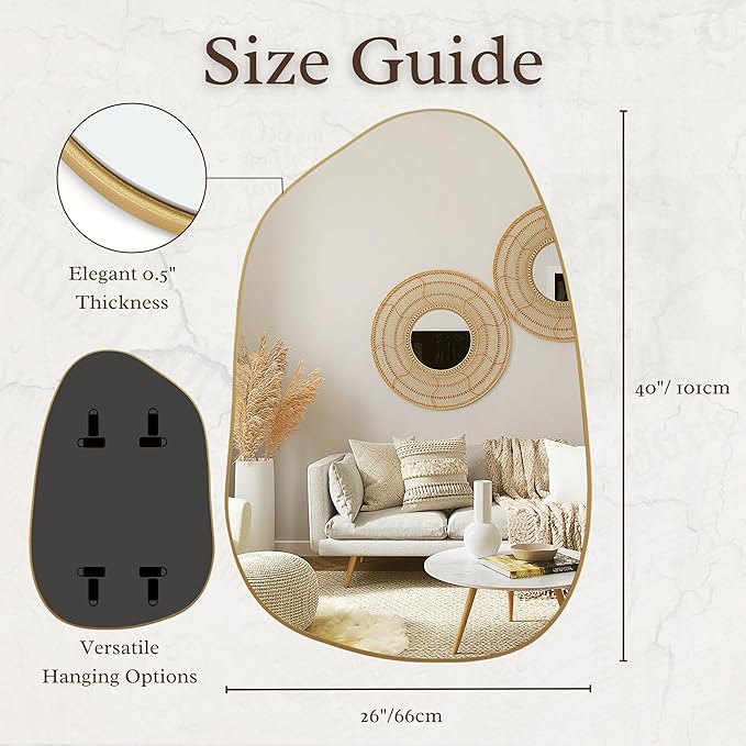 PERFNIQUE Irregular Wall Mirror Asymmetrical Mirror, 40''x26'' Gold Mirror for Bathroom Bedroom Living Room Entryway, Decorative Modern Wall Decor, Wall Mounted (Gold, 40" x 26")