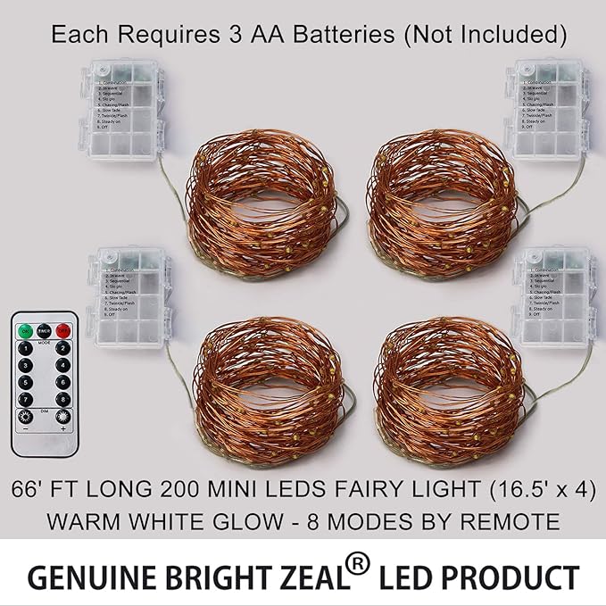 Bright Zeal 66 Ft 200 LED 8 Mode Christmas Fairy Lights Battery Operated with Remote - Warm White Multifunction Christmas Lights with Timer -Dimmable Flashing Chasing Twinkle Lights Outdoor