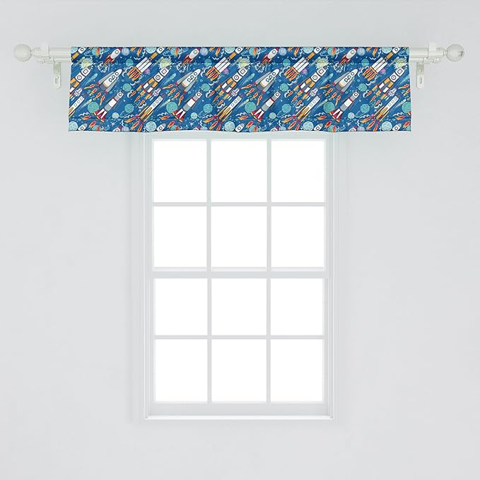 Ambesonne Spaceship Window Valance, Hand-Drawn Cartoon Spaceships Planets and Stars Outer Space Exploration Theme, Curtain Valance for Kitchen Bedroom Decor with Rod Pocket, 42" x 12", Violet Blue