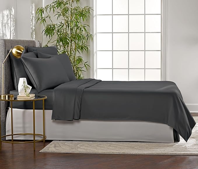 Queen Sheets by Pure Bamboo, Genuine 100% Organic Viscose Derived from Bamboo Bed Sheet Set, Luxuriously Soft & Cooling, Double Stitching, Lifetime Quality Promise (Queen, Charcoal)