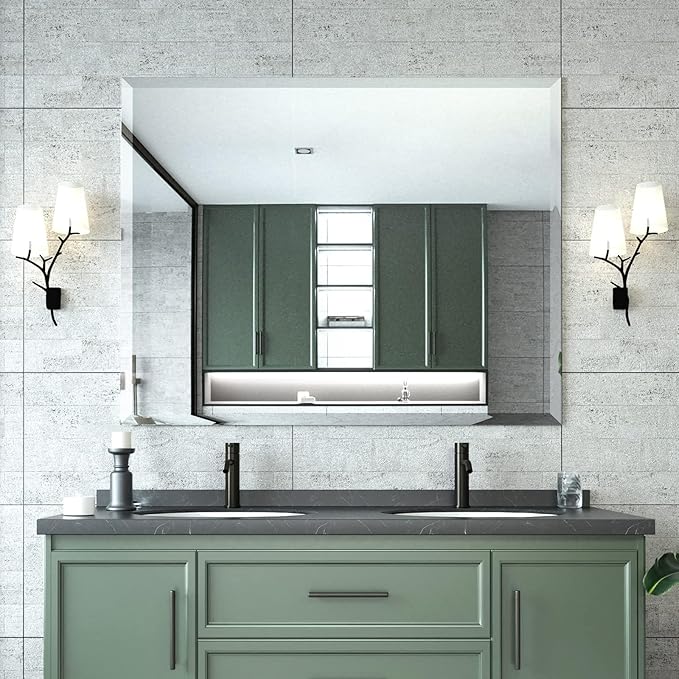 Mirrorons Beveled Mirror, Bathroom Mirrors for Wall 40" x 32", Frameless Rectangle Bathroom Mirror with Beveled Edge, Hangs Horizontally or Vertically, Upgraded Packing