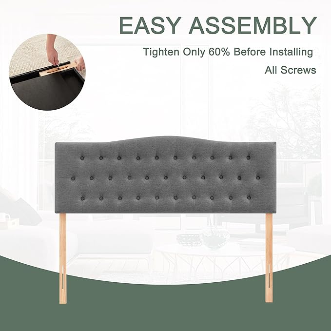 Tufted Upholstered Headboard Queen Size, Sturdy and Durable Solid Wood Bed headboard, Fabric Headboard Adjustable Height from 37” to 51”, Modern Button Diamond Design Head Board, Grey