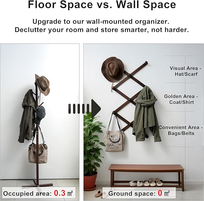 SKOLOO Hat Rack for Wall with 11 Hooks, 24 inch Solid Wooden, Modern, Huge Coat Rack Wall Mount for Coats, Hats, Bags, Cowboy Caps, Baseball Caps, Walnut Color