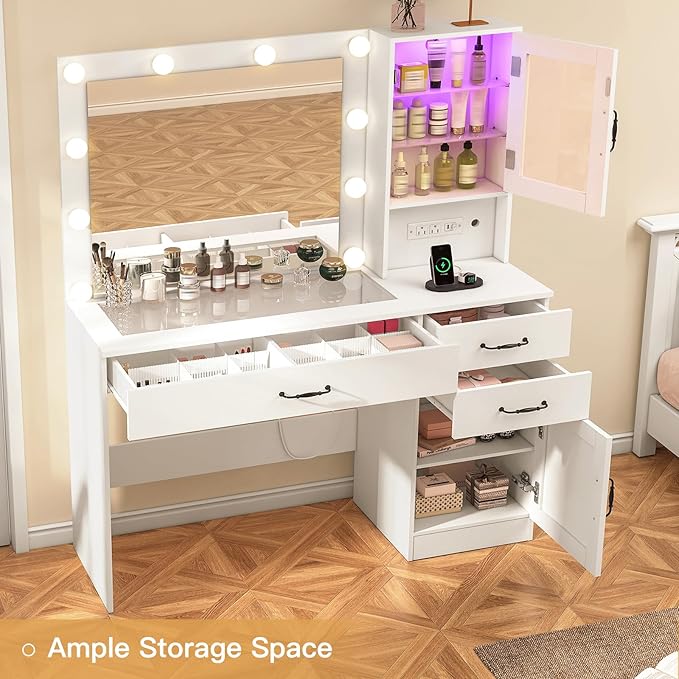 Quimoo Vanity Desk, Makeup Vanity with Lights, Large Mirror Vanity with 3 Drawers and 2 Cabinets, Vanity Table Set with Power Outlet and Glass Tabletop, for Bedroom, White